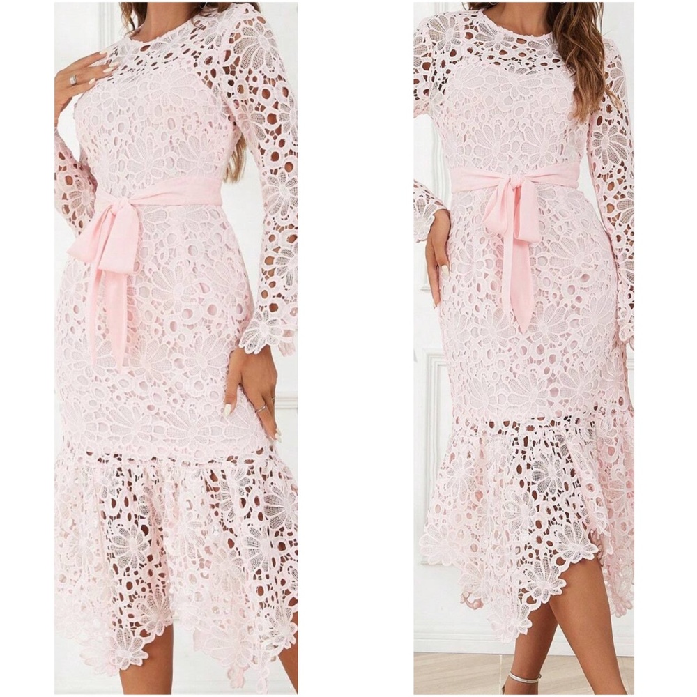 Luxe Floral Lace Belted Mermaid Hem Summer Formal Dress - Picture 4 of 5